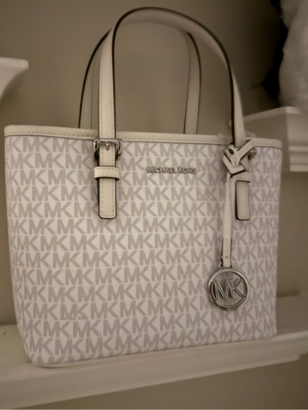 Michael Kors White and Light Gray MK Logo Tote